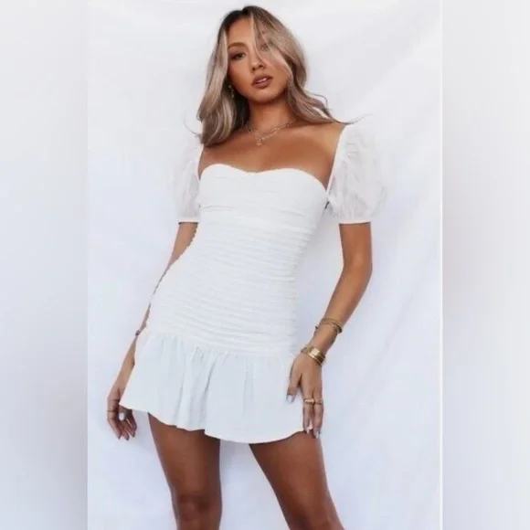 Hello Molly Cloud White Puff Sleeve Ruched Mini Dress – Women’s Size M (US 6) - Picture 1 of 10
